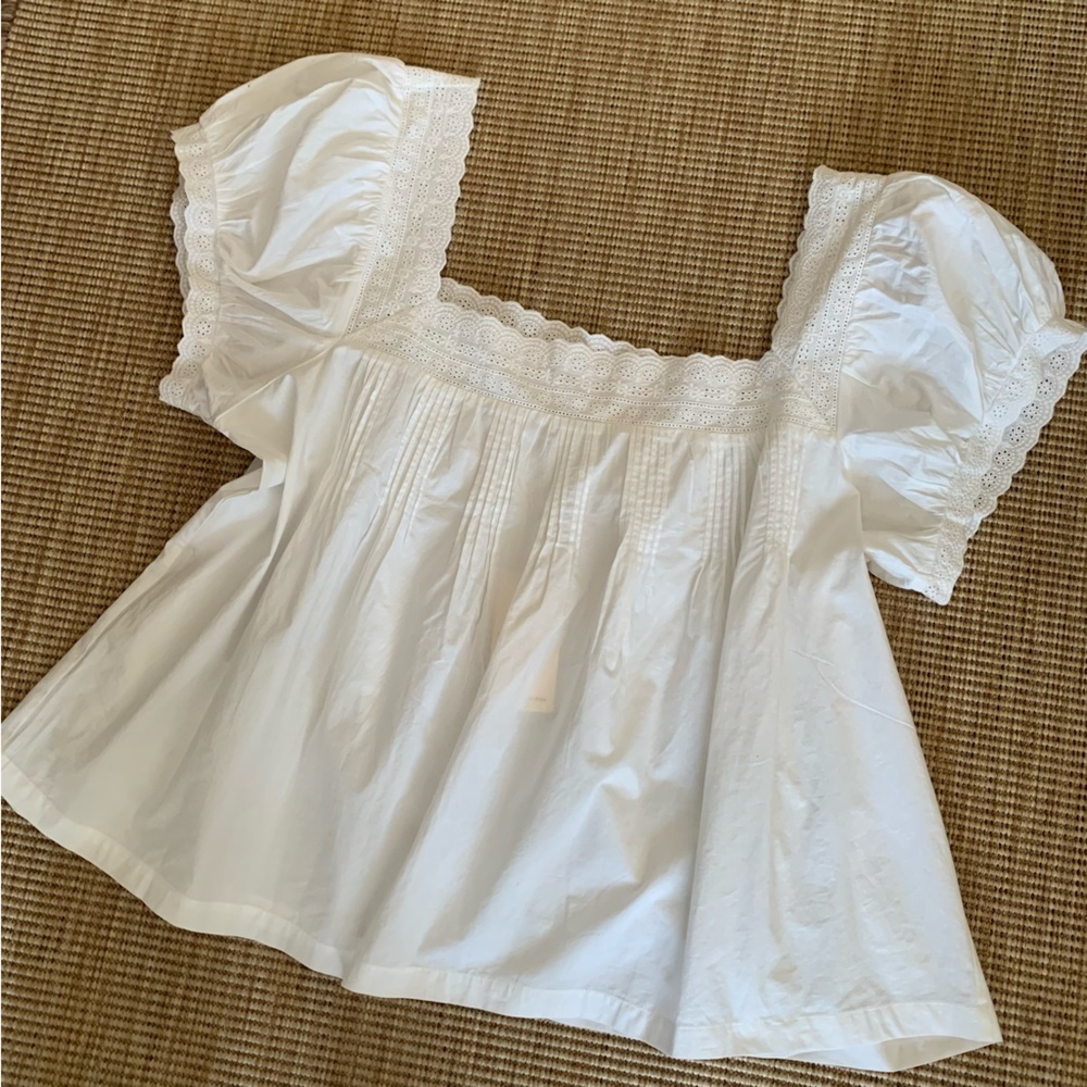NWT Doen Francia Cotton Poplin Eyelet Pintuck Puff Sleeve Blouse Top Salt White - Picture 8 of 13